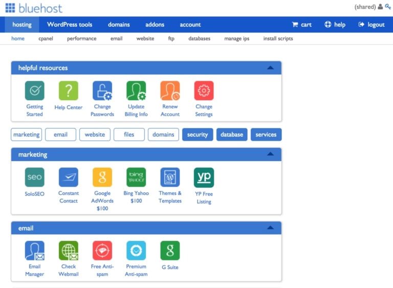 Bluehost's control panel (cPanel)