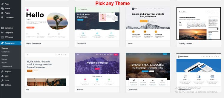 wordpress theme selection area