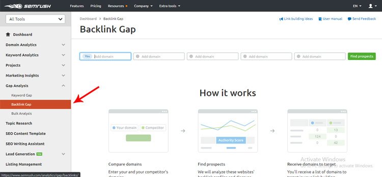 semrush backlink gap section review