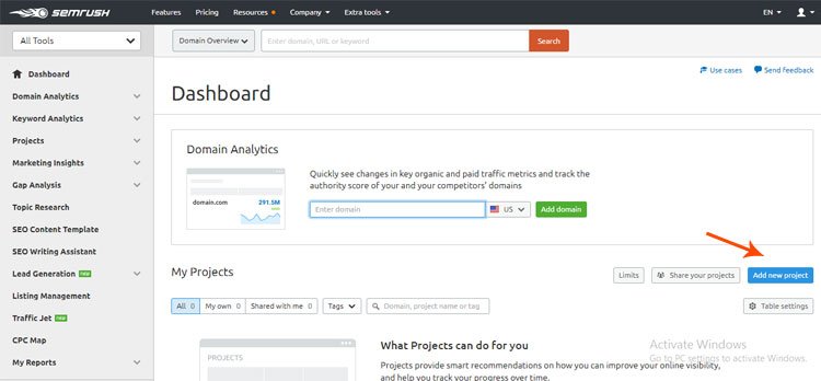 semrush dashboard create new project, semrush review 2021