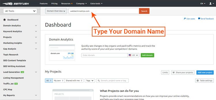 Adding your domain to SEMrush Dashboard