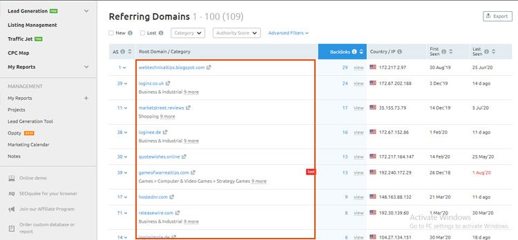 semrush referring domains dashboard 